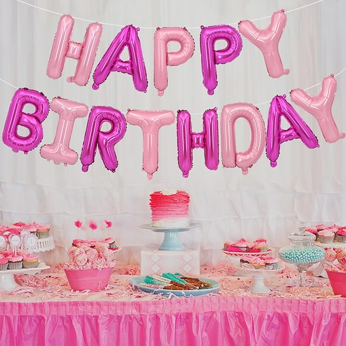 TONIFUL Happy Birthday Balloons Banner 16 Inch Mylar Foil Letters Birthday Sign Reusable for Girls Boys Kids & Adults Birthday Party Decorations Supplies（Hot Light Pink）
