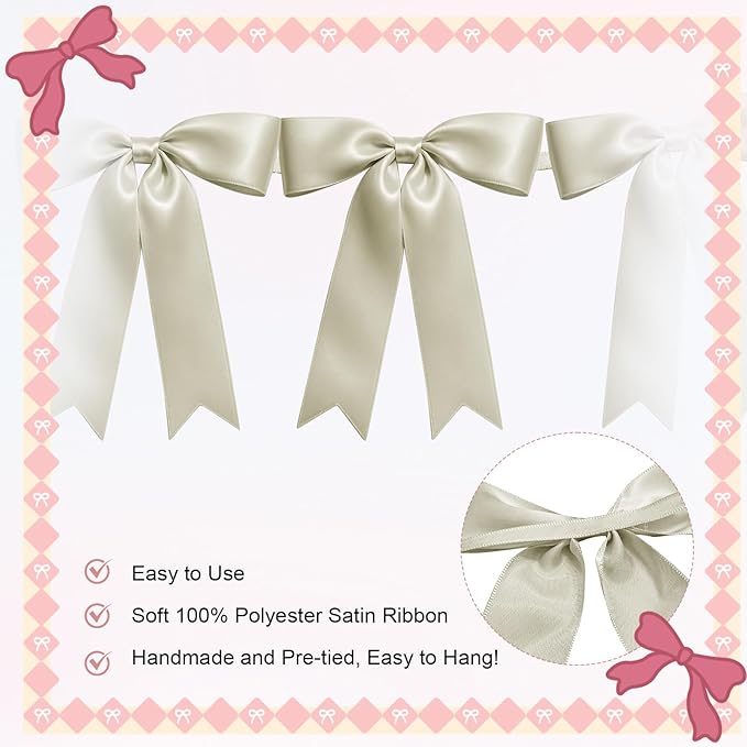 2 Strings of 16PCS Ivory White Bow Garland Banner Decoration,Pre-Strung Satin Ribbon Ornaments for Birthday,Bachelorette Party,Bridal Shower,Wedding,Engagement,Baby Shower,Graduation Decor,Anniversary