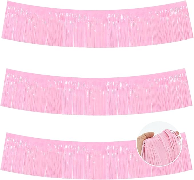 BEISHIDA 3 Packs Metallic Foil Fringe Garland Macaron Pink Wall Hanging Tinsel Fringe Banners for Car Floats Bridal Shower Wedding Birthday Easter Graduation Holiday Party Decoration(30 Feet)