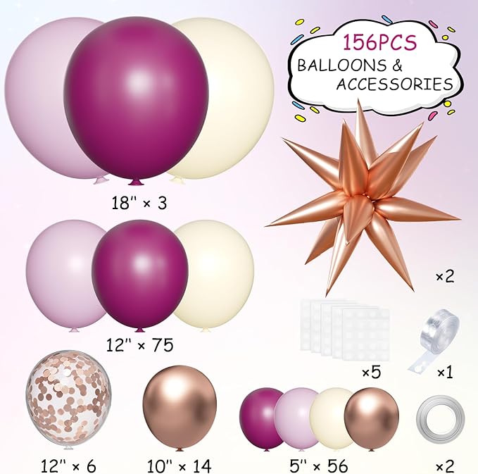 Dusky Purple Plum and Beige Balloon Arch Kit, 156Pcs Boho Dark Purple White Balloon Garland for Birthday Party Baby Shower Bridal Wedding