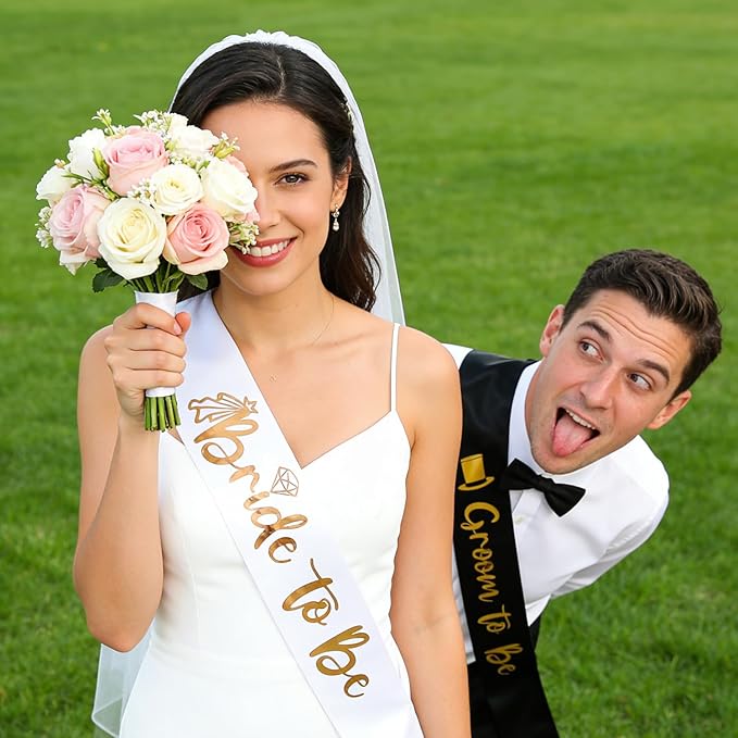 2 Pack Bride and Groom to be Sash Set Bachelorette Party Bridal Shower Decorations and Accessories Gifts for Bride Wedding Engagement Party Photobooth Props.