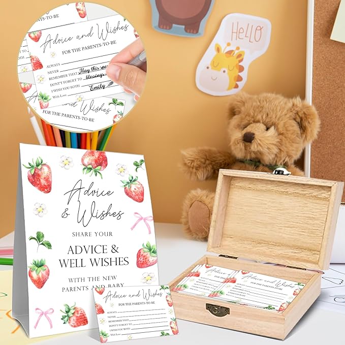 Strawberry Bow Baby Shower Advice Cards Box, Babies Party Decor Gifts, Baby Shower Wishes and Advice Card Boxes for Babies Party, 50 Double Sided Strawberry Cards, Wooden Advice Boxes for New Parents