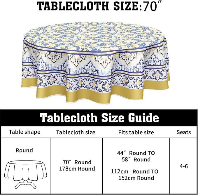 Yellow and Blue Floral Tablecloth Round 70 Inch Farmhouse Boho Tablecloth Spring Summer Fabric Table Cloth With Wrinkle Resistant For Kitchen Holiday Picnic Party Dinner Room Indoor Outdoor Decor