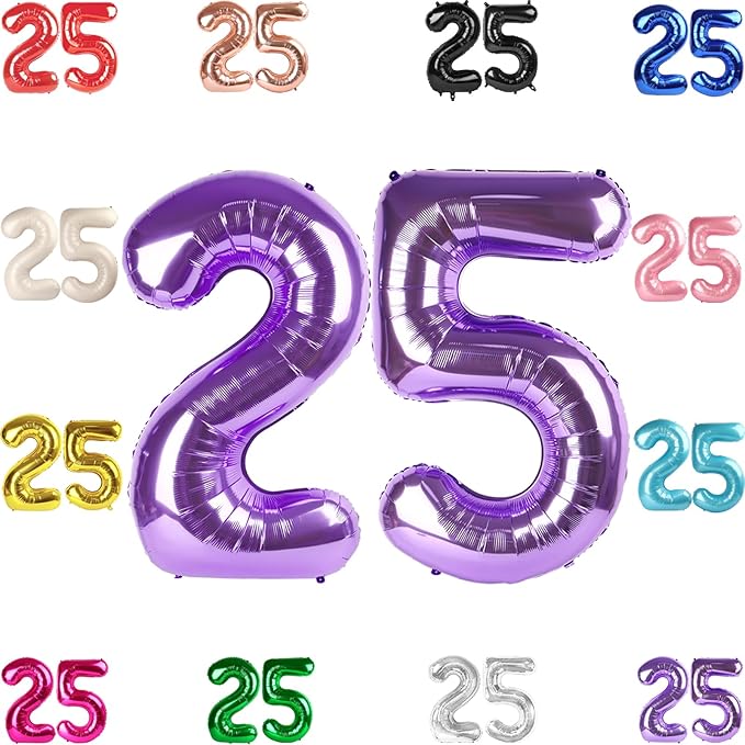 25 Balloon Number, Purple Number 25th Birthday Balloons 40 Inch, 25 or 52 Years Old Purple Birthday Decorations for Men Women, 25th Anniversary Decorations
