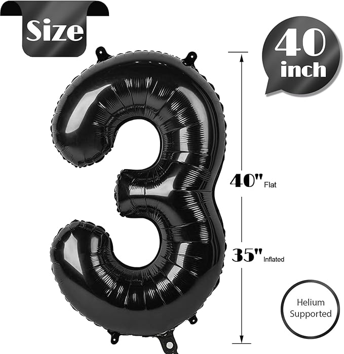 Black Number 3 Balloon 40 Inch, 3 Balloon Number, 3rd Birthday Decorations, Black Party Supplies for Boys Girls