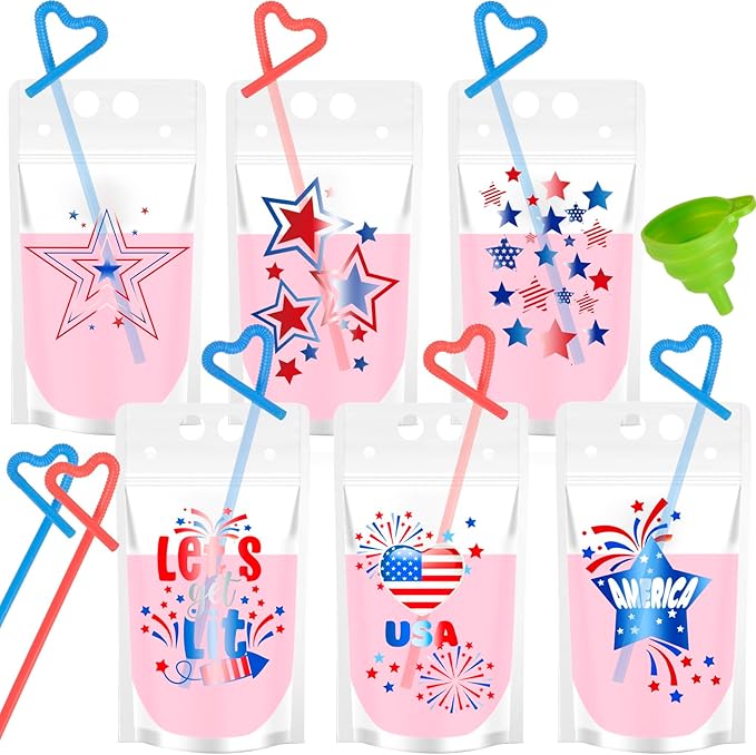 ChezMax 24PCS Drink Pouches for adults, Patriotic Drink Pouches with Straws, USA Party Favors, American Flag Party Supplies, Pouches Stand up Bags, Juice Pouches, 6 Styles, 500 ML