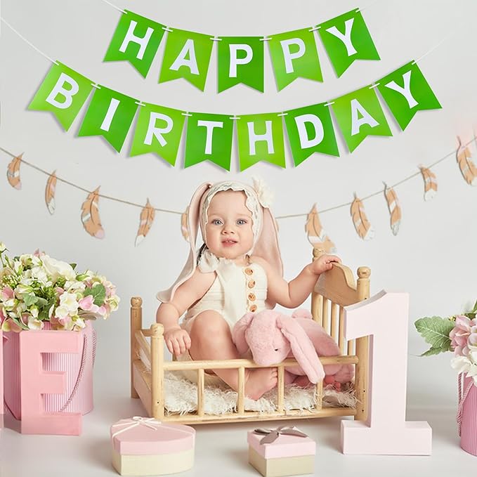 Green Happy Birthday Banner - Hanging Backdrop Sign with White Letters, Happy Birthday Sign Bunting Decorations for Women men Kids Baby Shower Party Supplies (13pcs)