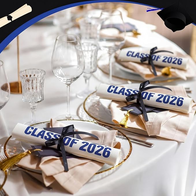 100 Set Graduation Class of 2026 Guest Blue Napkins Black Rolled Silverware Disposable Grad Award Dinner Napkin with Ribbon and Scissors for Celebration