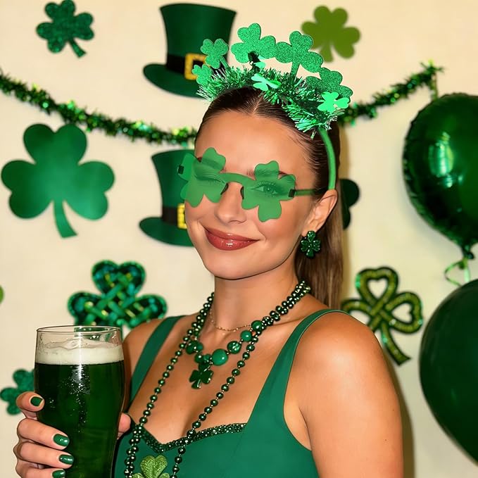 Semato St. Patrick’s Day Headband with Green Clover Sunglasses for St. Patrick’s Day Accessories Shamrock Irish Carnival Party Favors