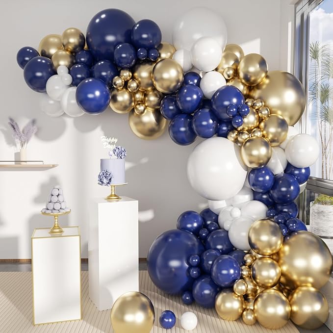 Blue White Gold Balloons Garland Arch Kit, 141Pcs Latex Balloons Different Sizes 18 12 10 5 Inch for Birthday Baby Shower Gender Reveal Wedding Party Decoration