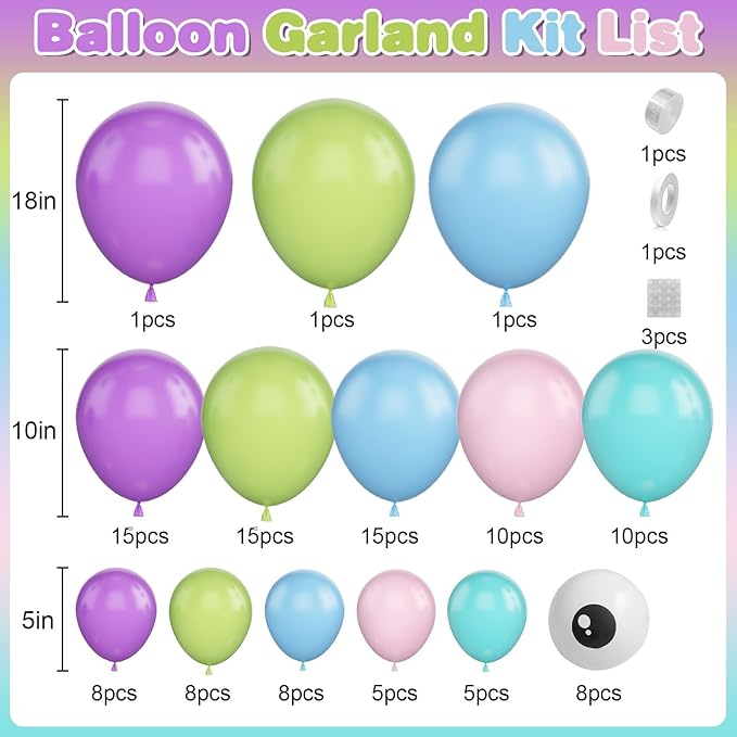 GRESATEK Monster Balloons Arch Garland Kit, Monster Cartoon Inc Balloons Party Decorations, Purple Green Blue Pink Teal Blue Balloons Arch for Monster Theme Birthday Baby Shower Party Decor