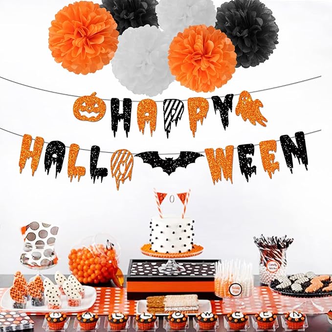 Black Orange White Halloween Party-Decorations - 8pcs Kits Happy Halloween Banner, Tissue Flower Paper Pom Poms Streamers,Bat Decor Garland,Birthday Wedding Baby Bridal Shower Lasting Surprise
