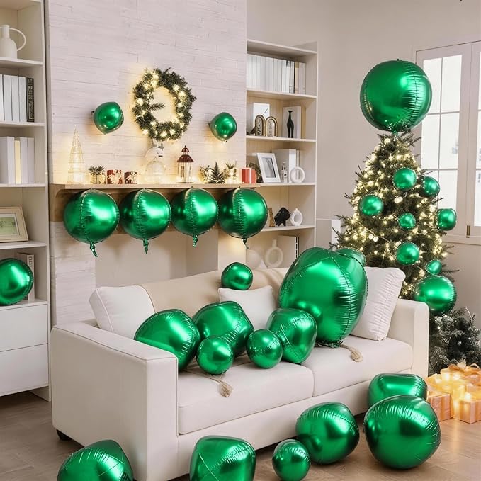12Pcs Green Round Balloons Foil, 22" 18" 15" 10" 4D Round Ball Balloon, Big Metallic Green Foil Balloons for Baby Shower Wedding Graduations Christmas Safari Jungle Party Decorations Backdrop
