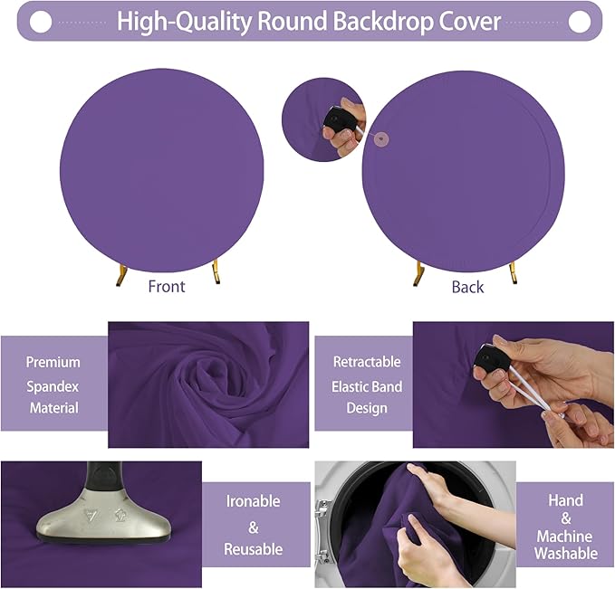 Gallety 7.2FT Purple Round Backdrop Cover with Size Adjuster & 4 Metal Clips, Universal Fit for 5ft-7.2ft Circle Stand, Polyester Fabric Arch Cover for Wedding, Birthday Party, Baby Shower Decor