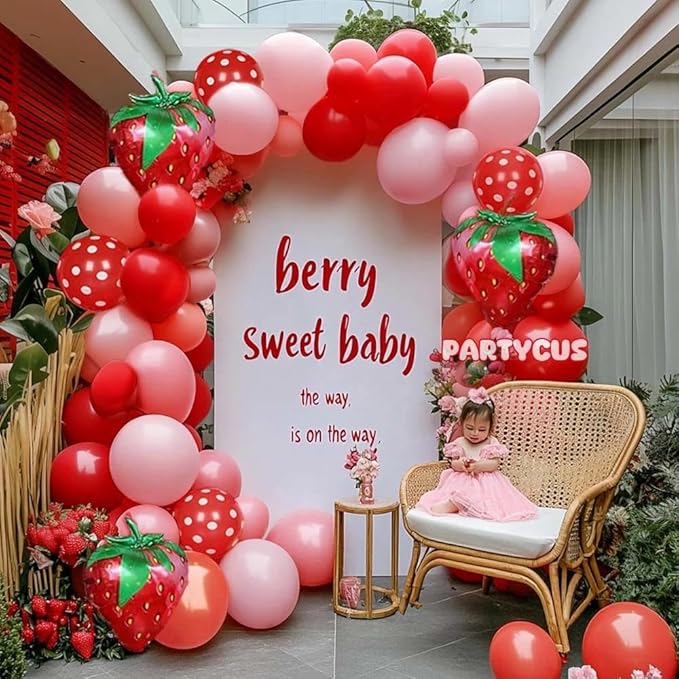 Strawberry Balloon Arch Kit Double Stuffed, Pastel Red Baby Pink Coral Balloon Garland with 18in Strawberry Foil for Berry First Birthday Baby Shower Sweet Valentines Day Party