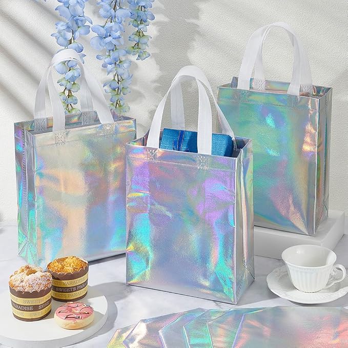 CUTHOLLOW 18 Pcs Iridescent Reusable Gift Bags with Handles for Party Favor, Bulk Non-woven Holographic Goodie Bags with Sturdy Base - Small Medium Christmas Birthday Wedding Gift Bags for Women Girl