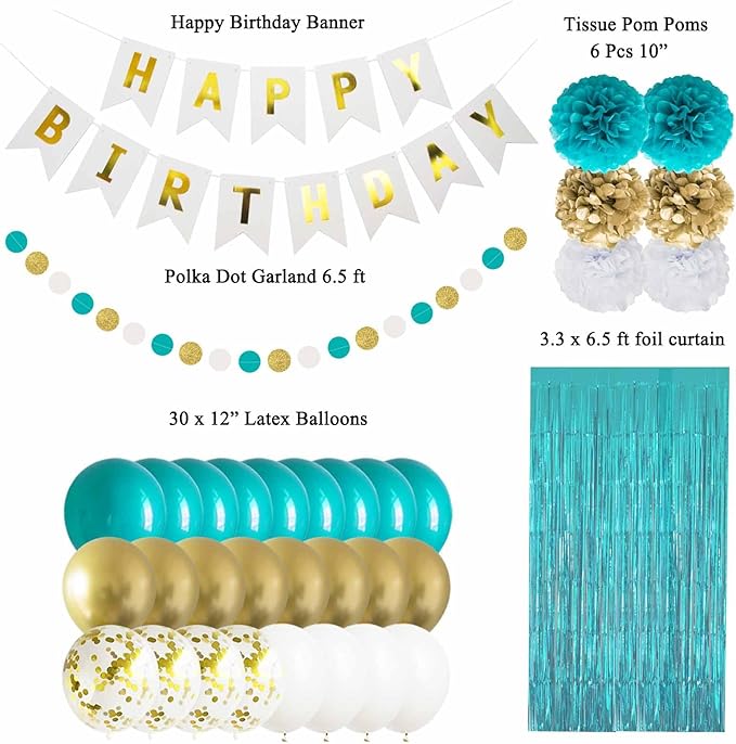 ANSOMO Teal Blue and Gold Happy Birthday Party Decorations Banner Turquoise Aqua Foil Fringe Curtain Tissue Pom Poms Balloons
