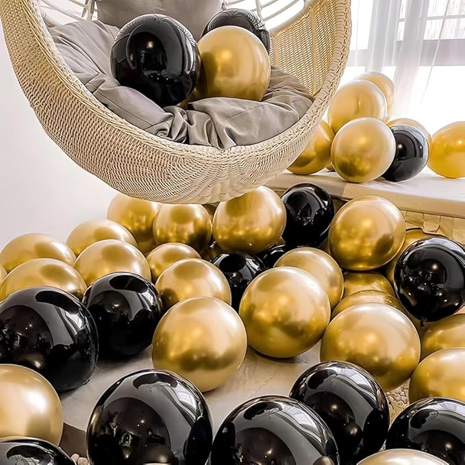 200 Pcs Black and Gold Balloons 12 Inch Latex Black Metallic Chrome Gold Balloon for Birthday Wedding Bridal Baby Shower Supplies Graduation Party Decorations