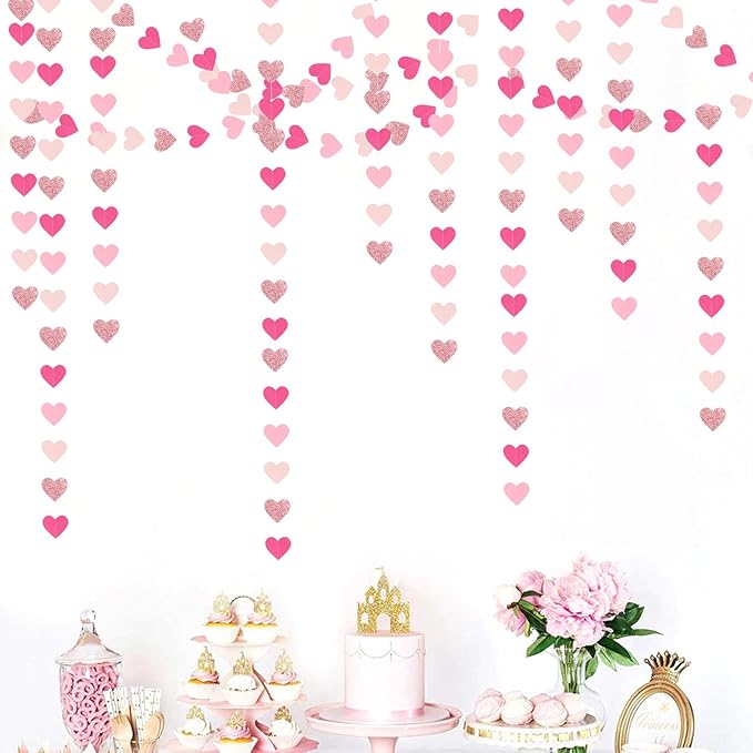Hot-Pink Rose-Gold Party Decorations Heart-Garland - 52ft Wedding Bridal Shower Hanging Decoration Streamers Banner,Baby Girl Birthday Bachelorette Engagement Mohters Valentines Day Decor Panduola