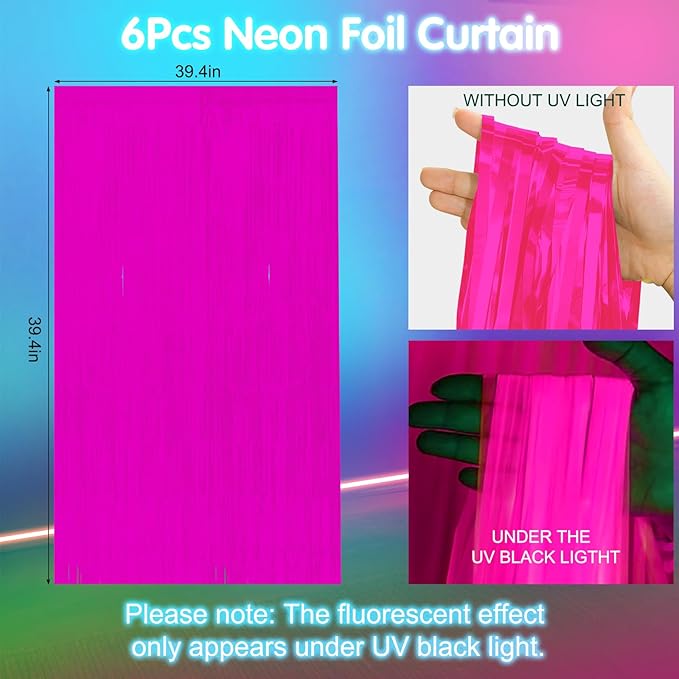 6 Pack 3.3Ft x 6.6Ft Hot Pink Glow in The Dark Foil Fringe Curtain Backdrop Party Supplies, Fluorescent Macaron Metallic Tinsel Foil Streamers Curtain Photo Booth for Neon Birthday Party Decorations