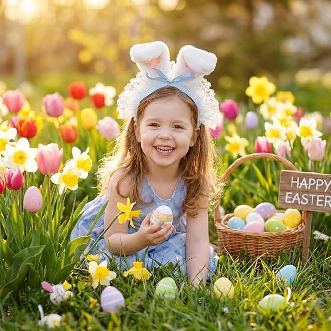 Blync Easter Bunny Ears Headband, Lace Curly Rabbit Hair Accessories, Pink Bow Hairband for Party, Photos, Cosplay