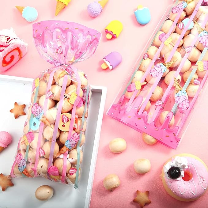 Geyee 100 Pieces Sweet Party Favors Ice Cream Treat Bags Plastic Candy Clear Cellophane Gift Bags with 100 Silver Twist Ties for Girls Kids Sweet Birthday Baby Shower Decorations Supplies