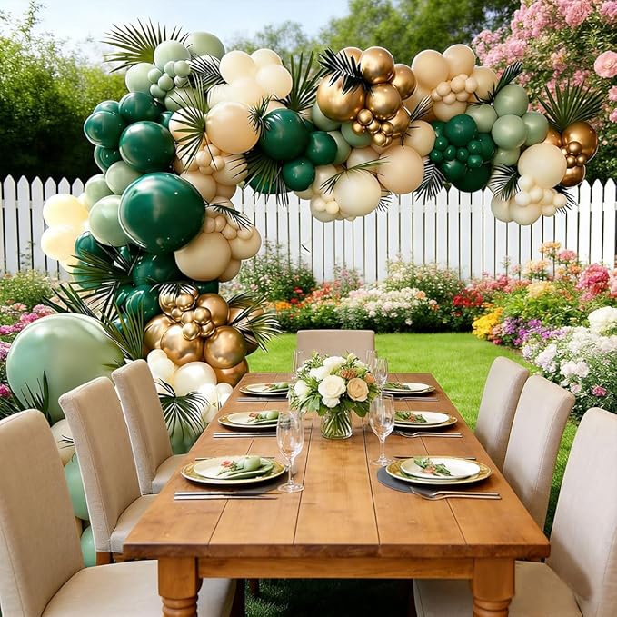Emerald Green White Gold Balloons Arch Kit, Dark Green Sage Dusty Olive Green Sand White Gold Balloons Garland for Birthday Wedding Jungle Safari Party