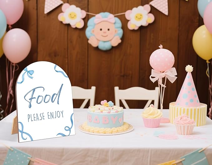 Blue Bow Food Please Enjoy Sign for Baby Shower, 6x8 Inch Arch Wooden Sign with Stand, Blue Baby Shower Table Sign, Gender Neutral Party Decoration - QW11