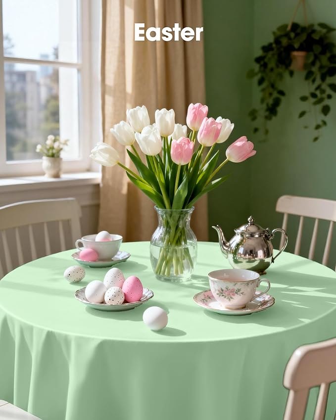 Pureegg Plastic Table Cloth Disposable 8 Pack, 84'' Round Table Cloths, Easter Party, Decorative Tablecloths, Round, Light, Pastel Plastic Cover, Leakproof & Sturdy, Sage Green