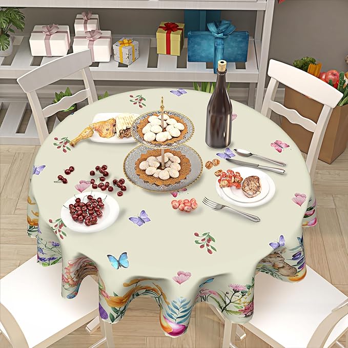 Easter Bunny Round Tablecloth 70 Inch Rabbit Tablecloth Spring Farmhouse Floral Table Cover Butterfly Table Cloth for Dining Kitchen Holiday Party Decor