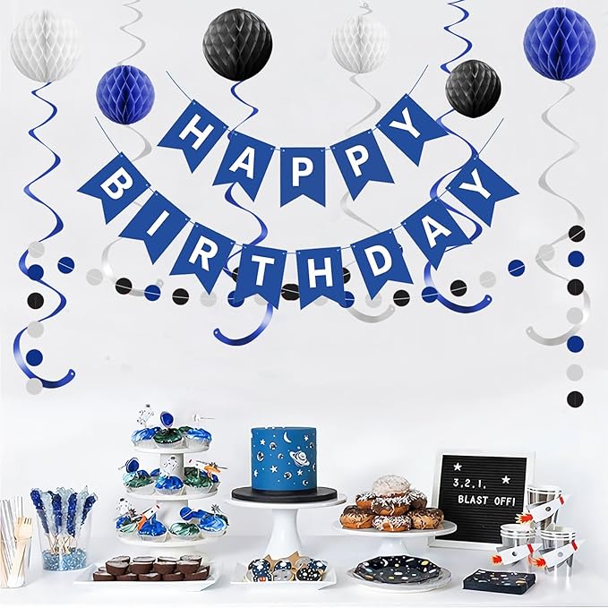 Blue Birthday Decorations,Blue and White Happy Birthday Banner with Honeycomb-Style Decorative Balls,Feet Circle Dot Garland,Stars Swirls Streamers,Blue Birthday Decorations for Men Women Boys Girls