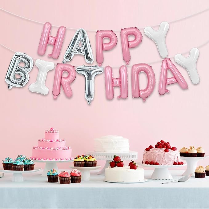 TONIFUL Happy Birthday Balloons Banner 16 Inch Mylar Foil Letters Birthday Sign Reusable for Girls Boys Kids & Adults Birthday Party Decorations Supplies（Pink Silver White）