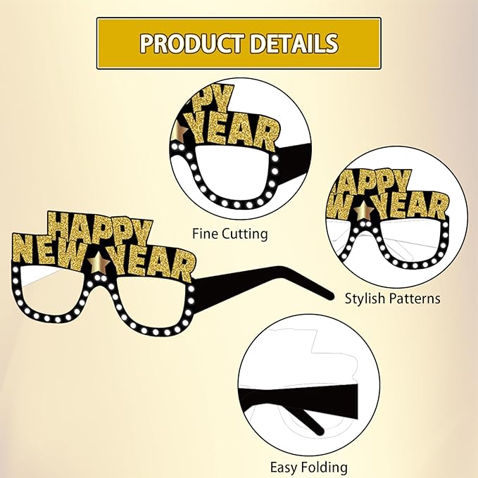 12Pcs Happy New Year Glasses, Black and Gold New Years Eve Paper Eyeglasses 2026 Glasses Photo Booth Props for 2026 New Years Eve Party Supplies