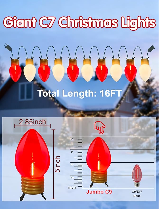 16FT Jumbo Red and White Christmas Lights Outdoor with 10 LED Red and White Bulbs,Jumbo Giant Christmas String Lights for Tree Holiday Home Roof Yard Garden Decorations