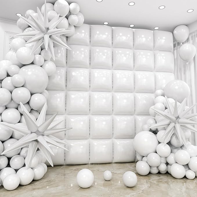 50pcs White Square Foil Balloons Wall Backdrop with 79pcs White Balloon Garland Arch Kit, Double Sided Balloon Tunnel for Birthday Anniversary Wedding Engagement Baby Shower Prom Decorations