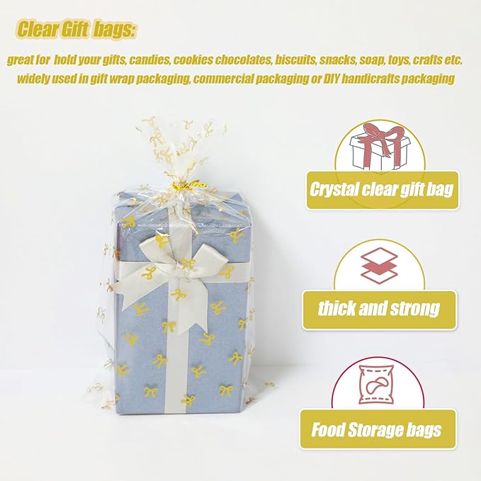 SOMIOCO Bow Clear Gift Bags, 100 PCS 6x11 In Gold Cellophane Treat Bags with Twist Ties for Goodies,Gifts,Candy Cookies,Birthday Party Favors packaging
