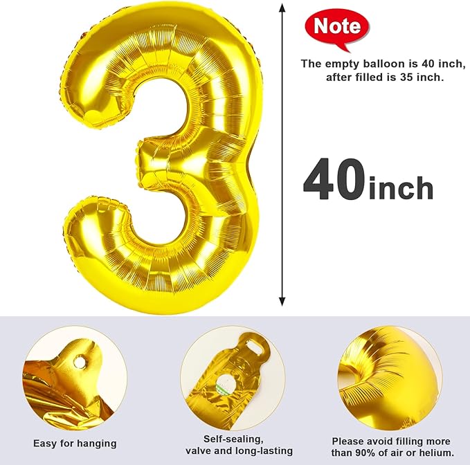 Numbers Balloon 3, 40 Inch Large Gold Balloon for Three Year Old Birthday Decor, 3 13 30 31 Birthday Party Decorations for Wedding Supplies