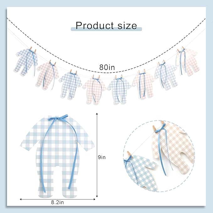 Blue and Cream Baby Onesie Garland – 8 PCS Big Size Baby Shower Banner, Baby Clothesline Garland, Blue Plaid Baby Bodysuit Cutouts for Gender Neutral Baby Shower or Nursery Decor
