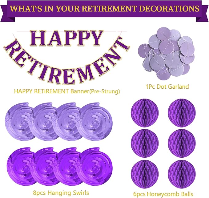 Retirement Party Decorations Kit for Women - 16-Piece Elegant Purple Set with Pre-Strung Banner, Honeycomb Balls, Swirls & Garland | Instant Setup Party Decor | Retirement Gifts & Supplies