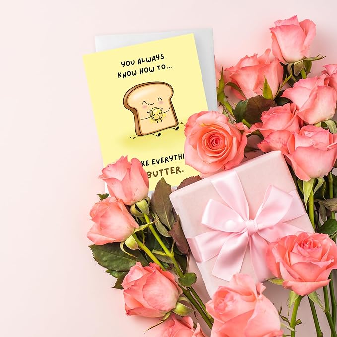 ALY LOU Mothers Day Card Anniversary Birthday for Mom Dad Wife Husband Girlfriend Boyfriend Stepmom Aunt Parents – Cute Funny Punny Greeting Card for Fathers Day – Blank Inside (Everything Butter)