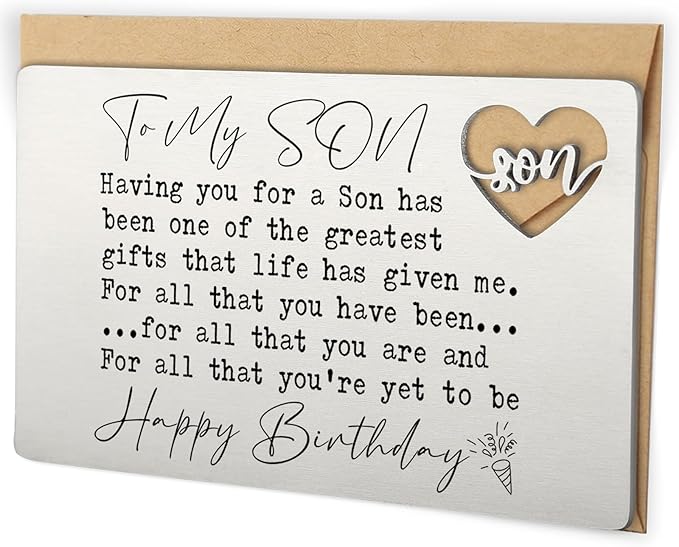 To My Son Happy Birthday Wallet Insert Card, Stainless Steel Laser-Engraved Postcard with Heart Cutout, Sentimental Birthday Gift for Son from Mom and Dad, Inspirational Pocket Keepsake QBK04