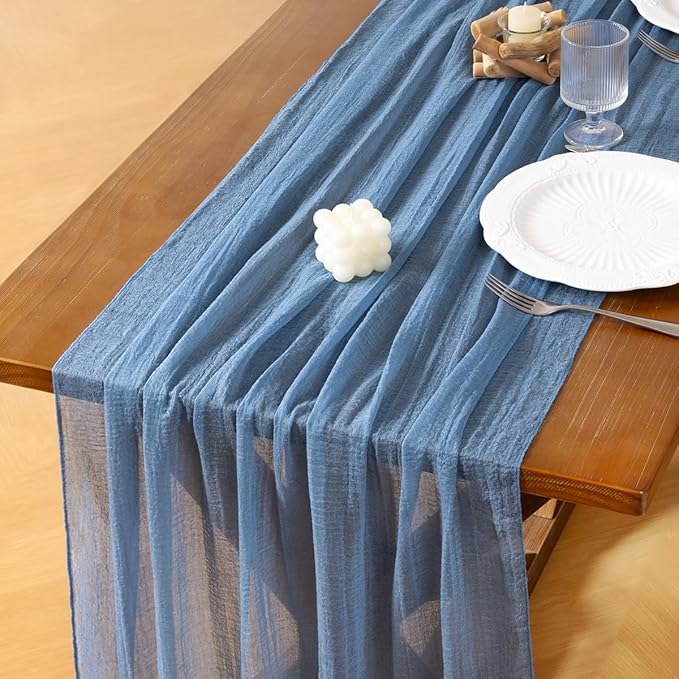 Socomi 6pcs Dusty Blue Easter Spring Gauze Cheesecloth Table Runner 120 Inch Rustic Boho Cheese Cloth Runner for Wedding Party Baby Bridal Shower Centerpiece Decoration Holiday Home Decorations