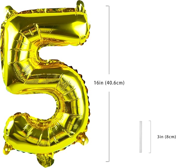 Gold Number “5”Balloons 16 Inch, Mylar Foil Custom Single Letter, Hanging, Reusable for girls boys adults Birthday,Surprise,Wedding, Celebration, Sports Party Event Decoration Supplies