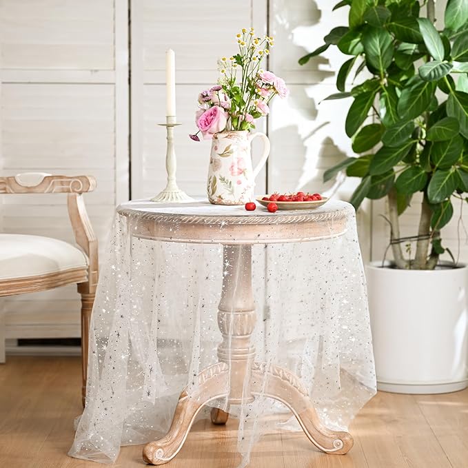 Horaldaily White Silver Sparkling Star Gauze Tablecloth 60x104 Inch Rectangular, Silver Star Sequin Glitter Metallic Foil, Sheer Tulle Cheesecloth for Wedding Baby Shower Party