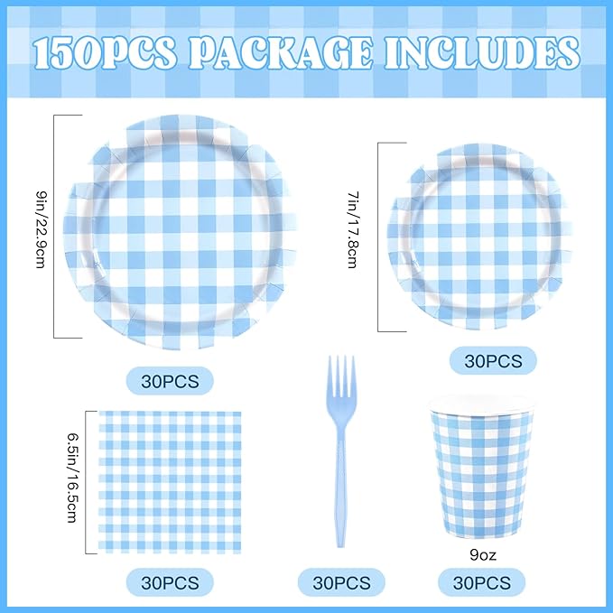 Blue Gingham Disposable Party Tableware Set for 30 Guests – 9 & 7 Inch Paper Plates, Cups, Napkins and Forks, Blue Checkered Paper Dinnerware for Birthday, Picnic, Baby Shower, Outdoor Gatherings