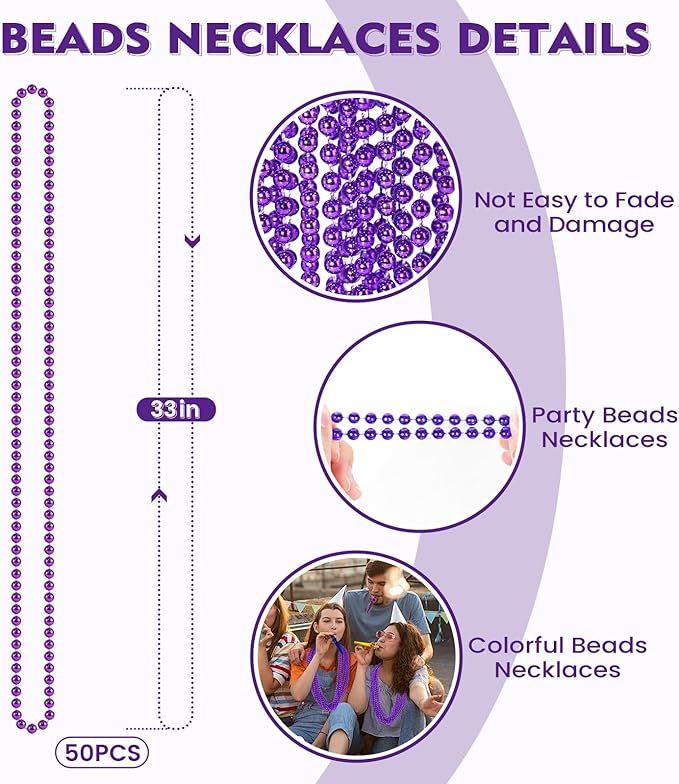 SHAOQINLIN 50 PCS Purple Mardi Gras Beads, Purple Beads Necklaces 33" Metallic Beaded Costume Necklaces Party Necklaces for Halloween Mardi Gras Parade Throws Wedding Birthday Party Favors