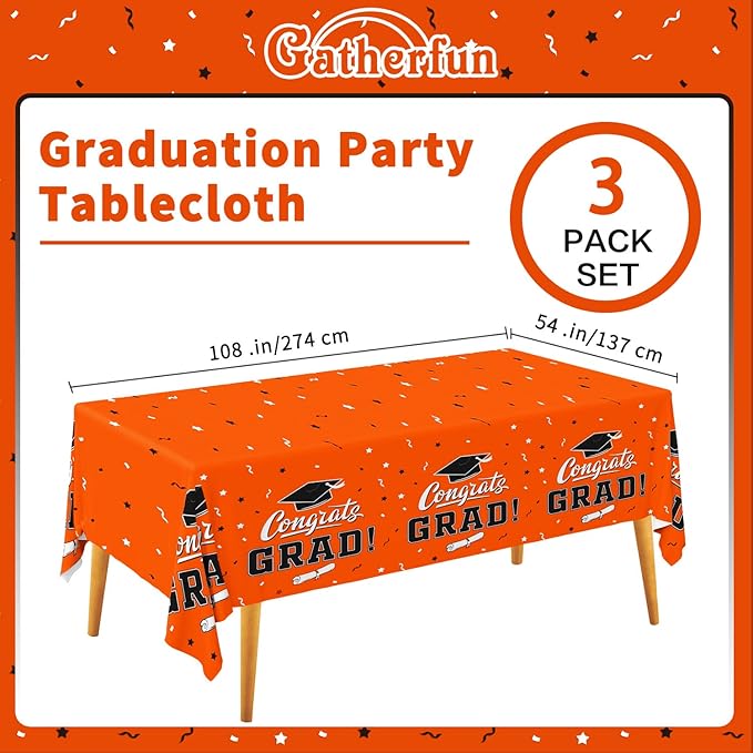 Gatherfun Graduation Party Decorations, Gongrats Grad Tablecover for Graduation Party Supplies, 3 pcs Orange Table Cloths, 54"x108"