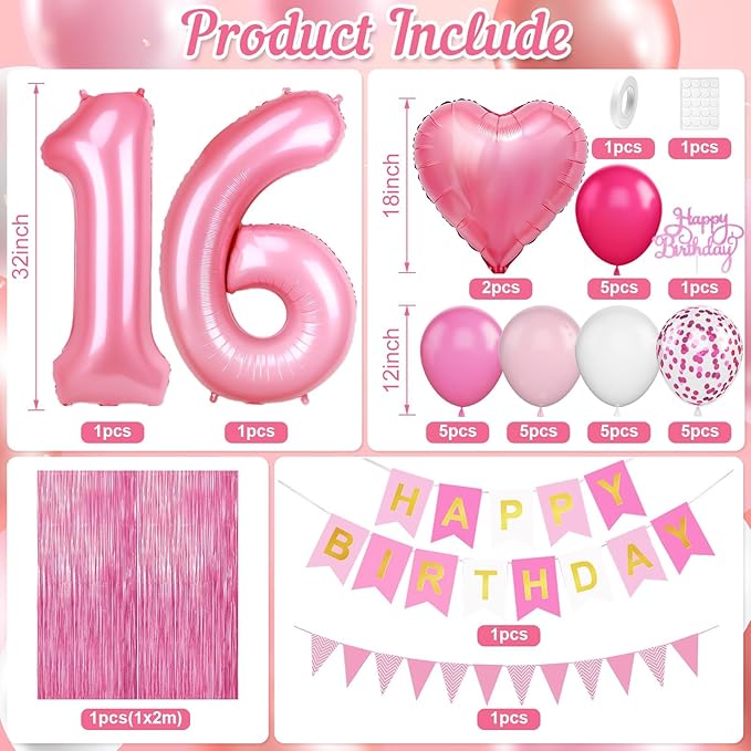 16th Birthday Decorations for Girls,Hot Pink 16th Birthday Balloons with Happy Birthday Banner Fringe Curtain Heart Foil Balloons for 16 Year Old Birthday Decor