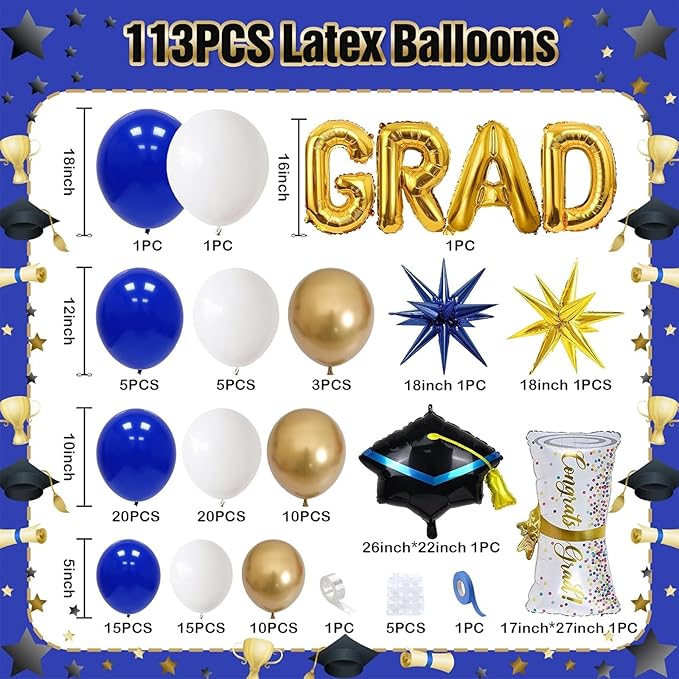Blue Graduation Balloons Garland Arch Kit, 113 PCS Blue Gold White Graduation Star Print Cap Certificate Grad Foil Balloons with Gold Explosion Star Balloon for Graduate Class of 2026 Prom Party Decor