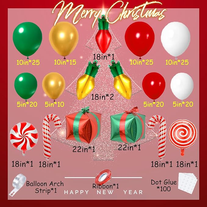 169pcs Christmas Balloon Garland Arch Kit with Red Green White Gold Balloons, Candy Cane, Gift Box, Light Bulb Foil Balloons, X-mas Birthday Party Supplies, Christmas Party Decorations
